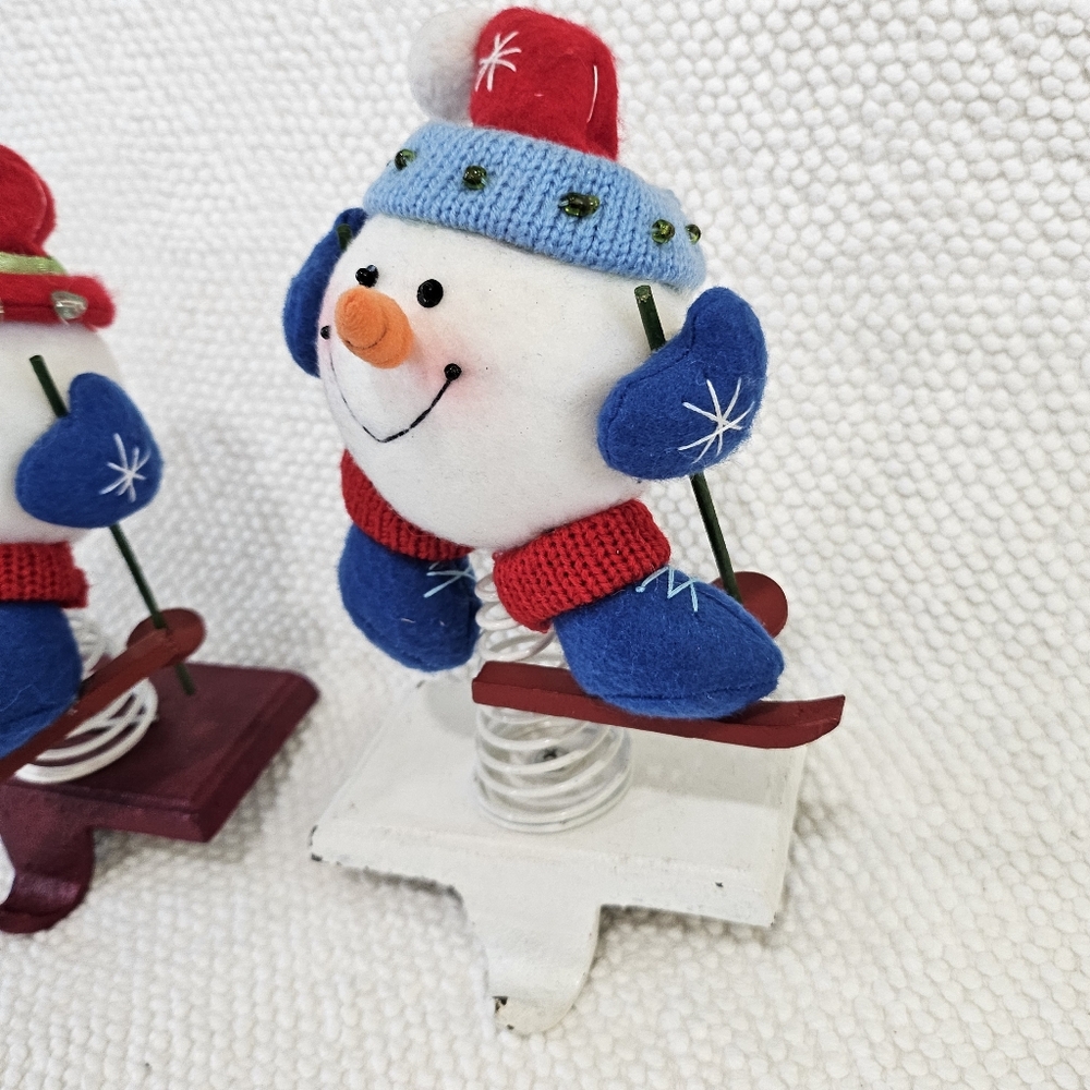 Skiing Snowman Stocking Holders Set Mr & Mrs Handmade Metal Set - Picture 3 of 12
